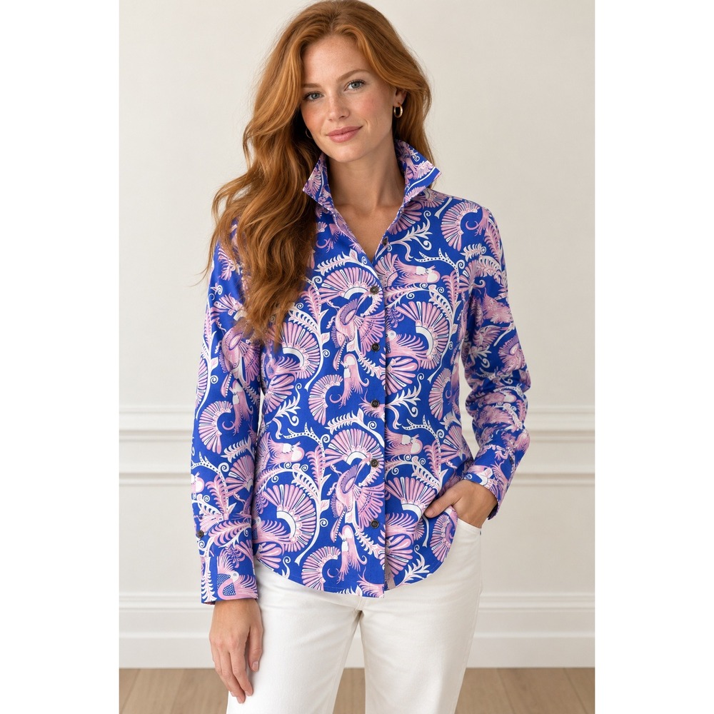 CK Bradley Womens XS Blue Pink Bird Print Button Down Long Sleeve Shirt Tailored